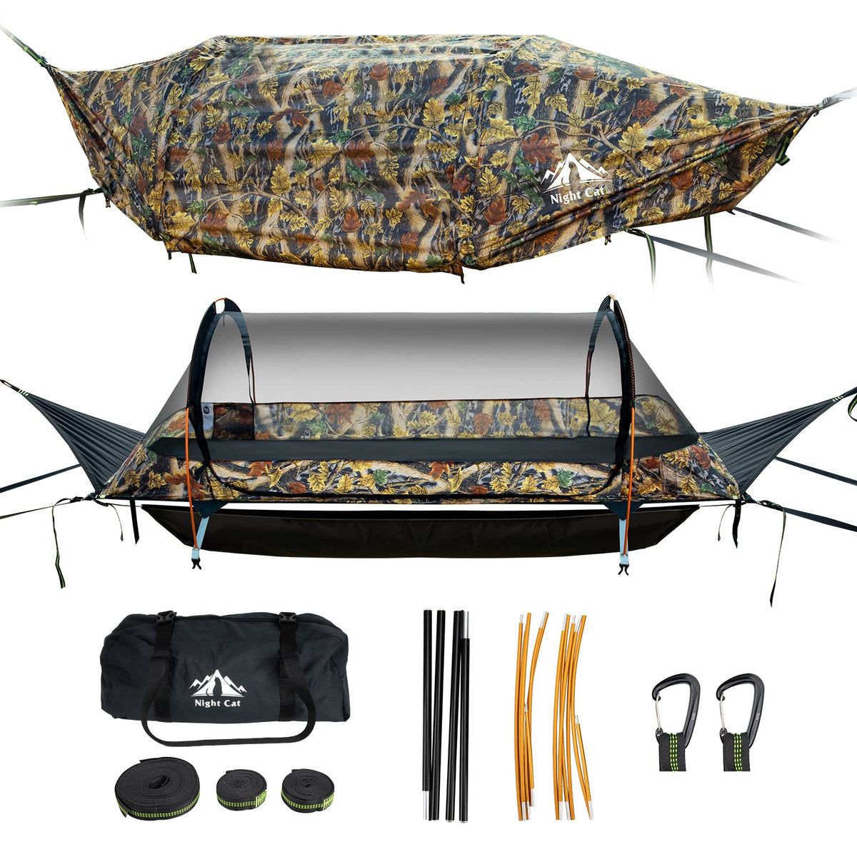 Night Cat Flat Lay Hammock Tent with Mosquito Net Waterproof Rainfly for 1 Person Backpacking Hiking Camping Lightweight 330LBS 87x28x19in