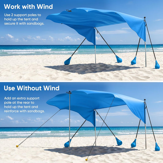 MoKo Beach Shade Canopy, 100 Sq.Ft. Wind-Supported Sunshade Sail for 4-6 People, Lightweight Easy Setup Beach Tent with UPF 50+ Sun Protection for Family Travel Coastal Trips, Blue