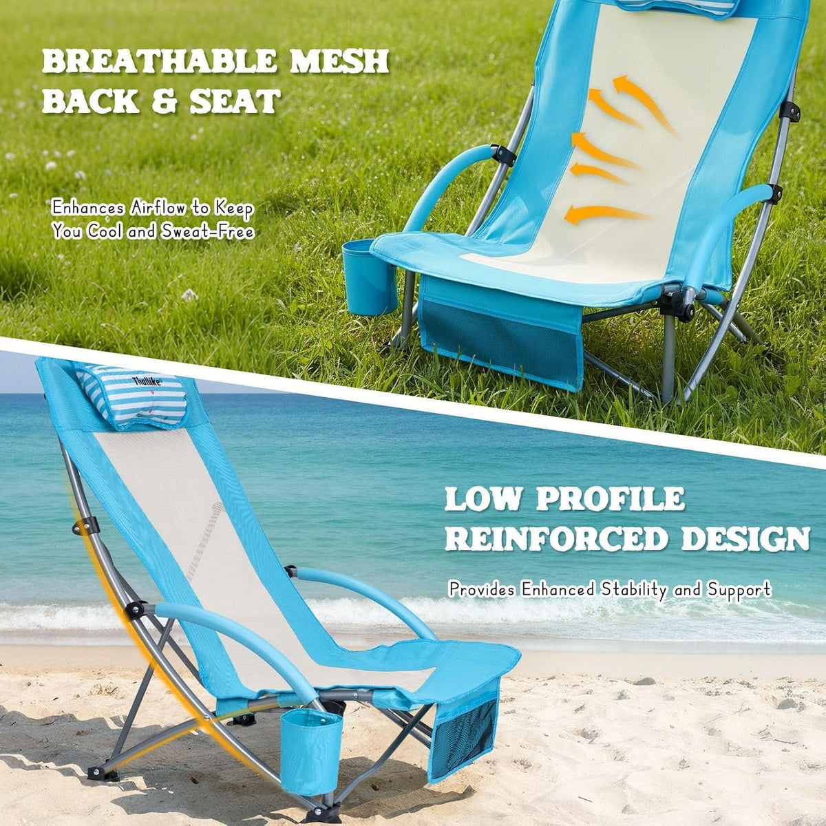 Low Beach Chair with Umbrella High Back Folding Camping Chair for Adults Breathable Mesh Seat and Back with Padded Headrest Cup Holder Storage Pocket Adjustable Tilt Sunshade Portable for Beach