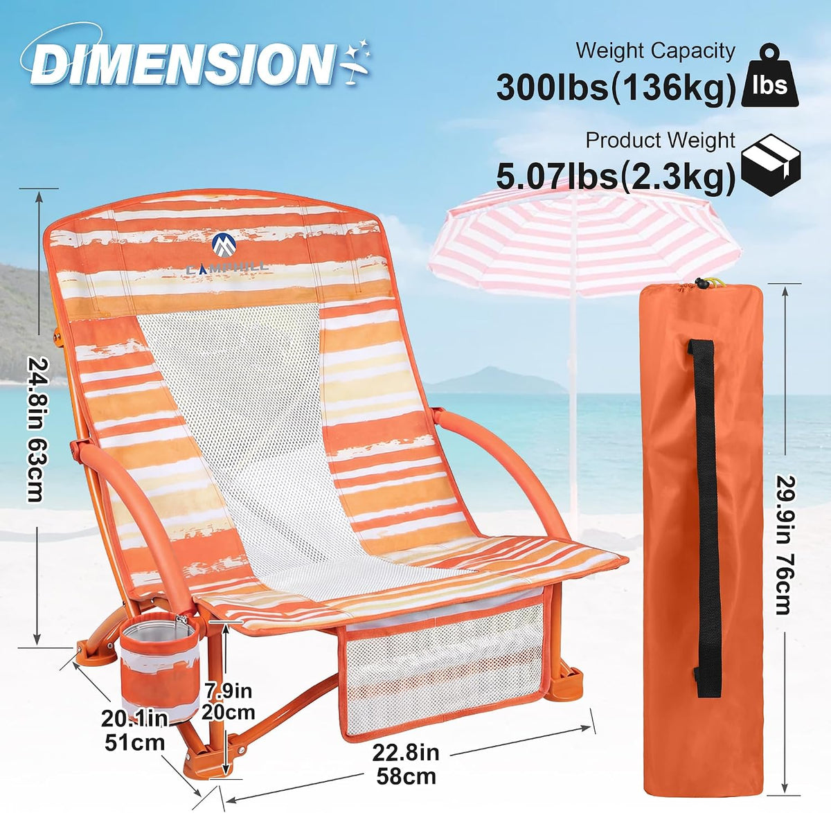 Beach Chairs for Adults 2 Pack,Heavy Duty Folding Low Back Camping Chairs w/Cooler Bag,Mesh Back,Cup Holder & Storage Bag,Compact Sling Chair for Lawn,Picnic,Travel,Orange Strip