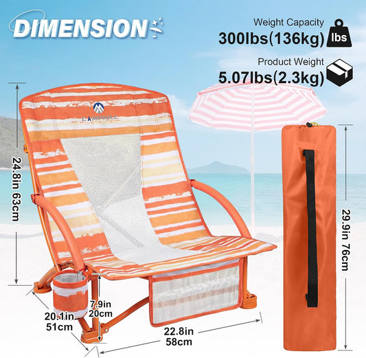 Beach Chairs for Adults 2 Pack,Heavy Duty Folding Low Back Camping Chairs w/Cooler Bag,Mesh Back,Cup Holder & Storage Bag,Compact Sling Chair for Lawn,Picnic,Travel,Orange Strip