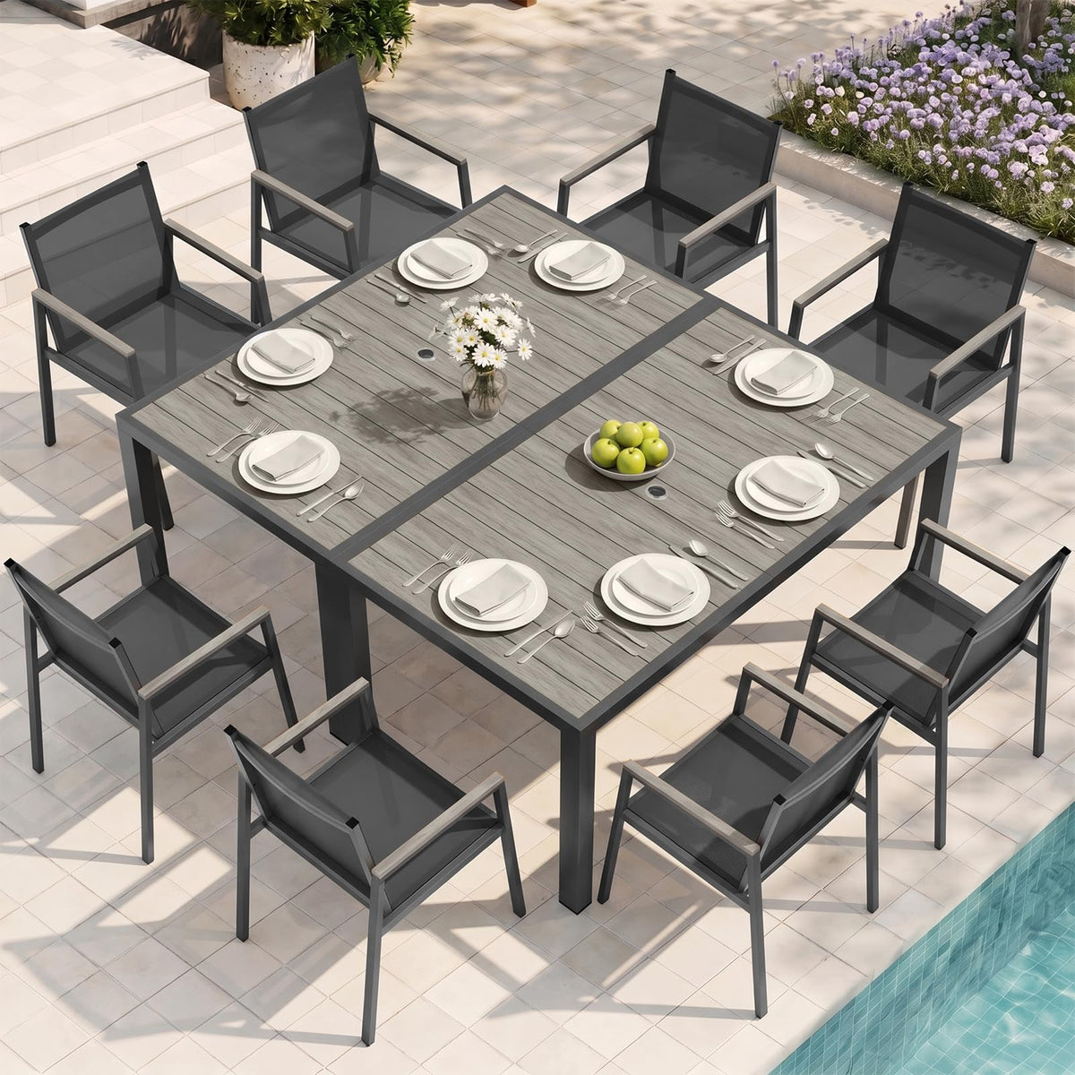 Outdoor Dining Set, 7 Piece Aluminum Patio Table and Chairs Set, All Weather Patio Dining Furniture Set with Umbrella Hole for Backyard, Deck, Poolside (Gray-Teak)