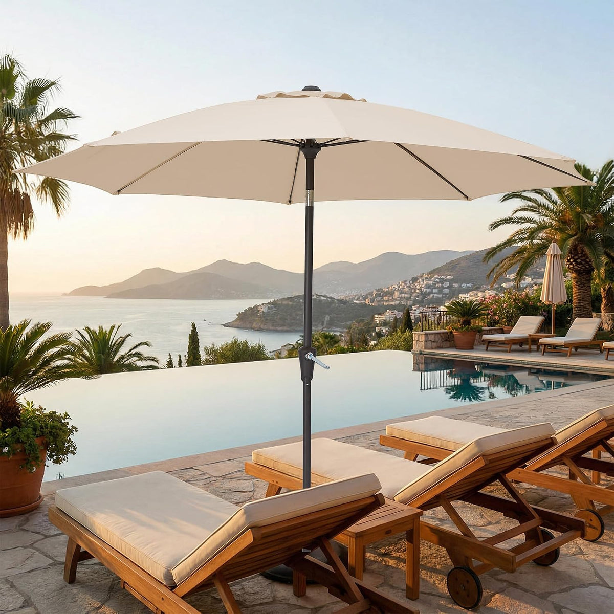JEAREY 9FT Outdoor Patio Umbrella, Market Table Umbrella with 8 Fiberglass Ribs, Pool Umbrella with Tilt and Crank, UV Protection Lightweight & Wind-Resistant for Lawn, Garden, Deck and Backyard, Beige