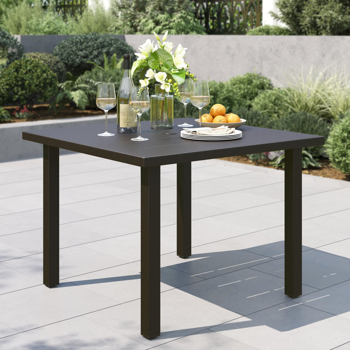PHI VILLA Patio Table w/Umbrella Hole, Black Metal Dining Table for 4