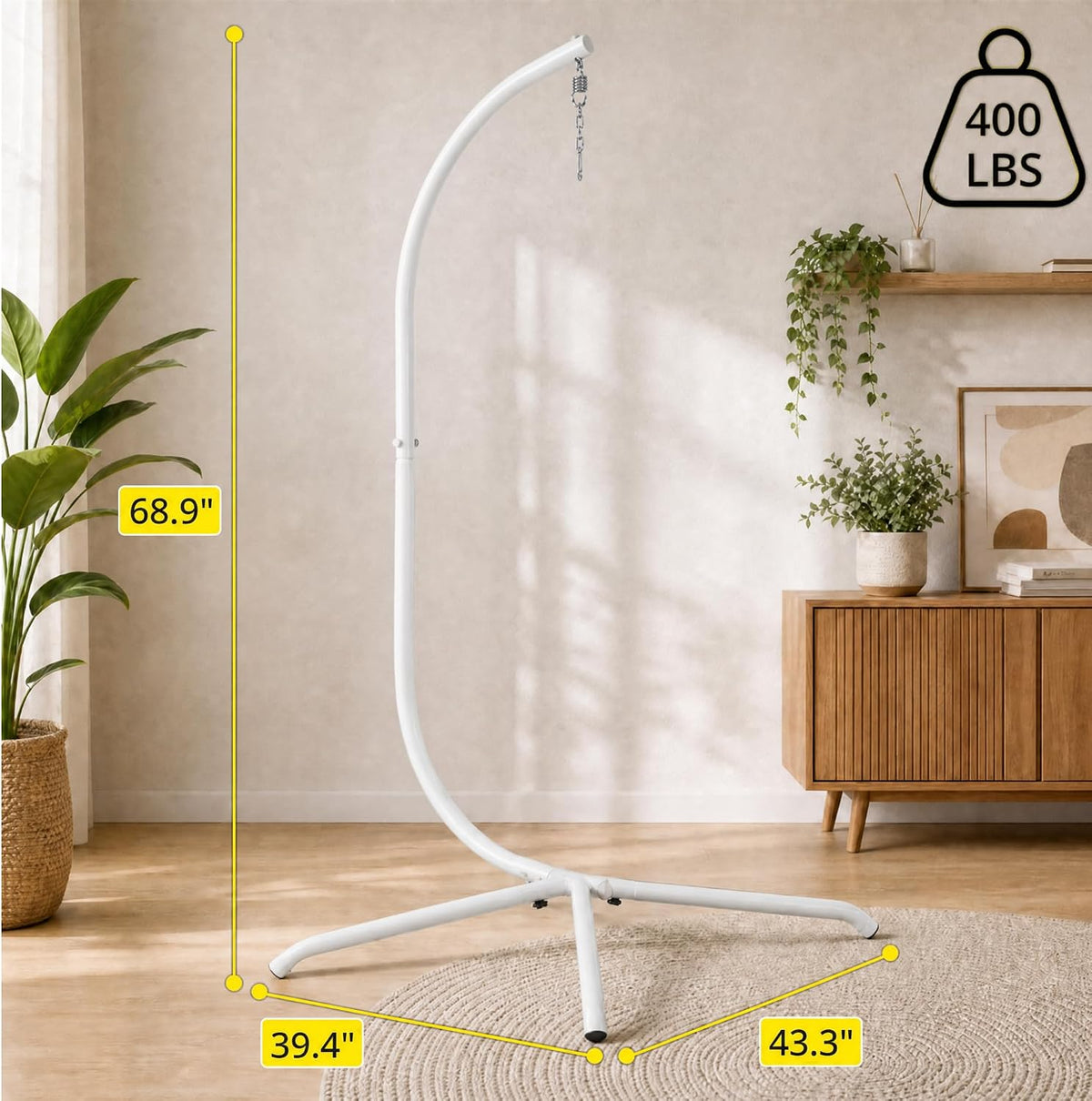 Heavy Duty Hammock Chair Stand, 400lb Capacity C-Shape Swing Stand for Outdoor Patio & Indoor Use with Hanging Buckle and Spring Hook(White)