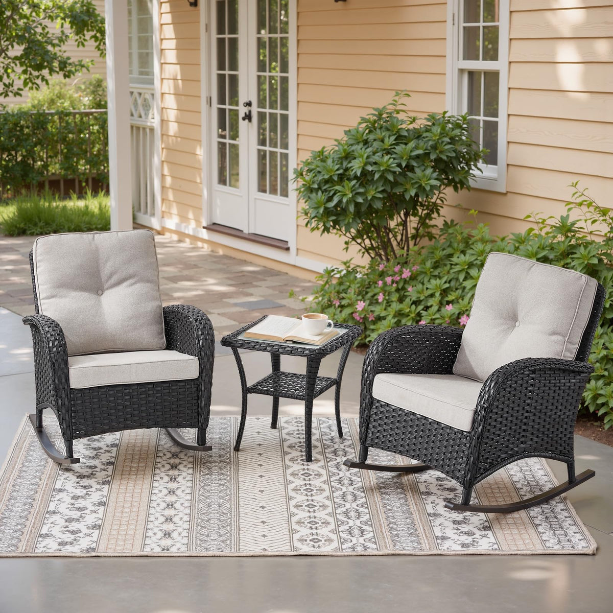 Belord Patio Rocking Chair Wicker Chair, 1 Piece Outdoor Rocking Chair Seating with Cushions for Porch Deck Balcony, Brown/Blue