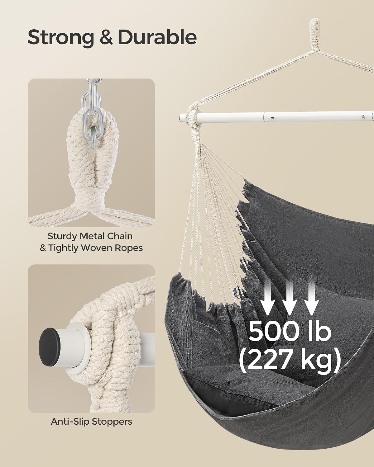 SONGMICS Hammock Chair, Load Capacity 330.7 lb, with 2 Cushions and Pockets