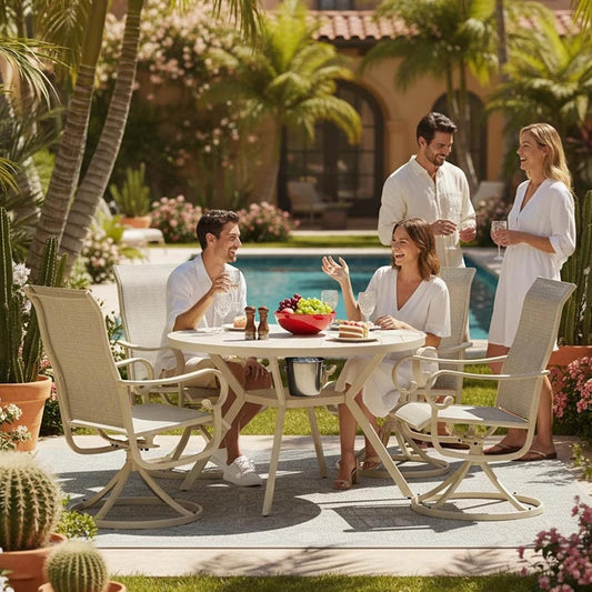 42" Outdoor Patio Table Dining Table All Weather Metal Round Patio Dining Table with Adjustable Umbrella Hole Patio Furniture for Lawn Garden Backyard, Sandshell