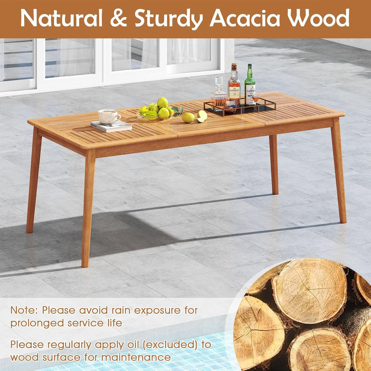 RELAX4LIFE Wooden Outdoor Dining Table Acacia Wood Slatted Patio Table