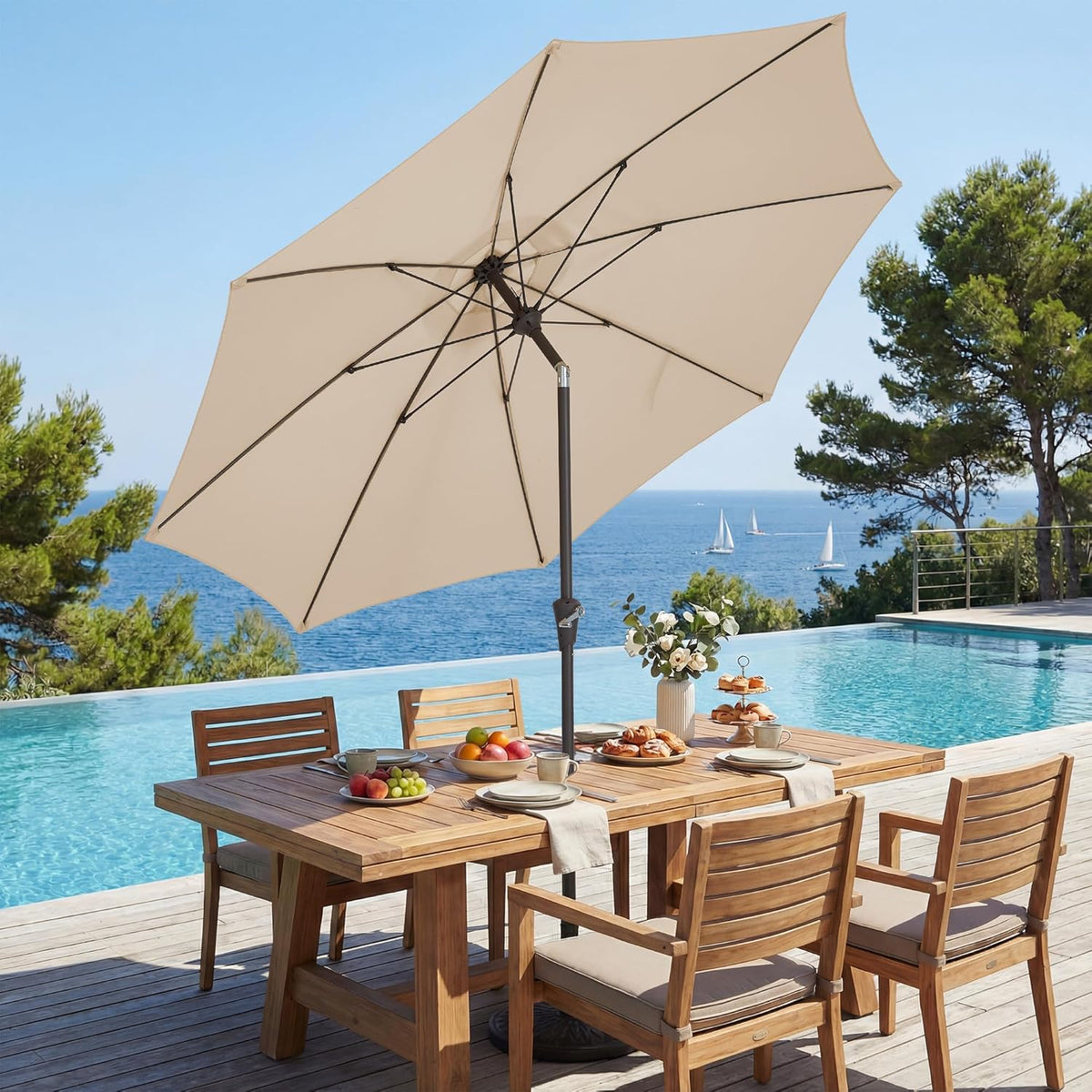 JEAREY 9FT Outdoor Patio Umbrella, Market Table Umbrella with 8 Fiberglass Ribs, Pool Umbrella with Tilt and Crank, UV Protection Lightweight & Wind-Resistant for Lawn, Garden, Deck and Backyard, Beige
