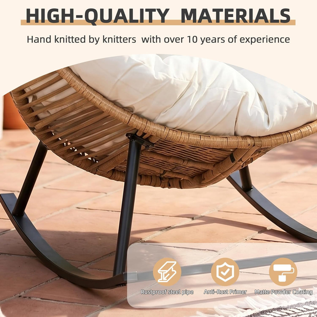 JAMFLY Egg Chair Rocking Chairs, Wicker Patio Chair Oversized Lounger Chair with Cushion for Indoor Living Room Bedroom Outdoor Patio Backyard Balcony Garden, Cream White