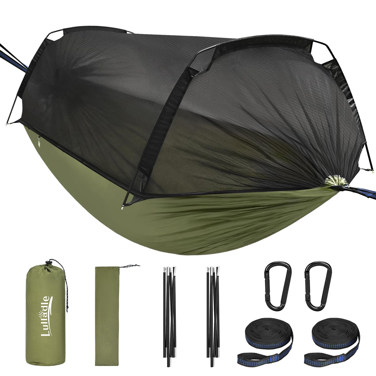 Lulladle Camping Hammock - 500lbs Capacity Portable Hammock with 2 Tree Straps and with Mosquito Net,Nylon Hanging Hammock Easy Setup and Pack for Outdoors Camping,Backpacking,Hiking - Double/Single