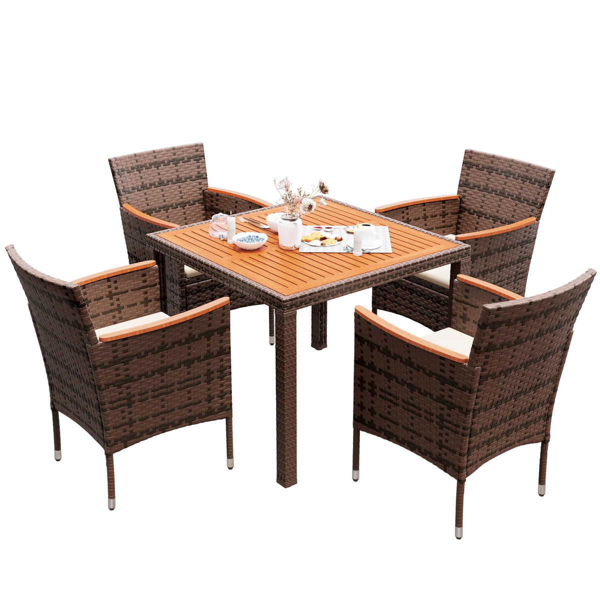 Devoko 7 PCS Acacia Wood Patio Dining Set, Black Rattan