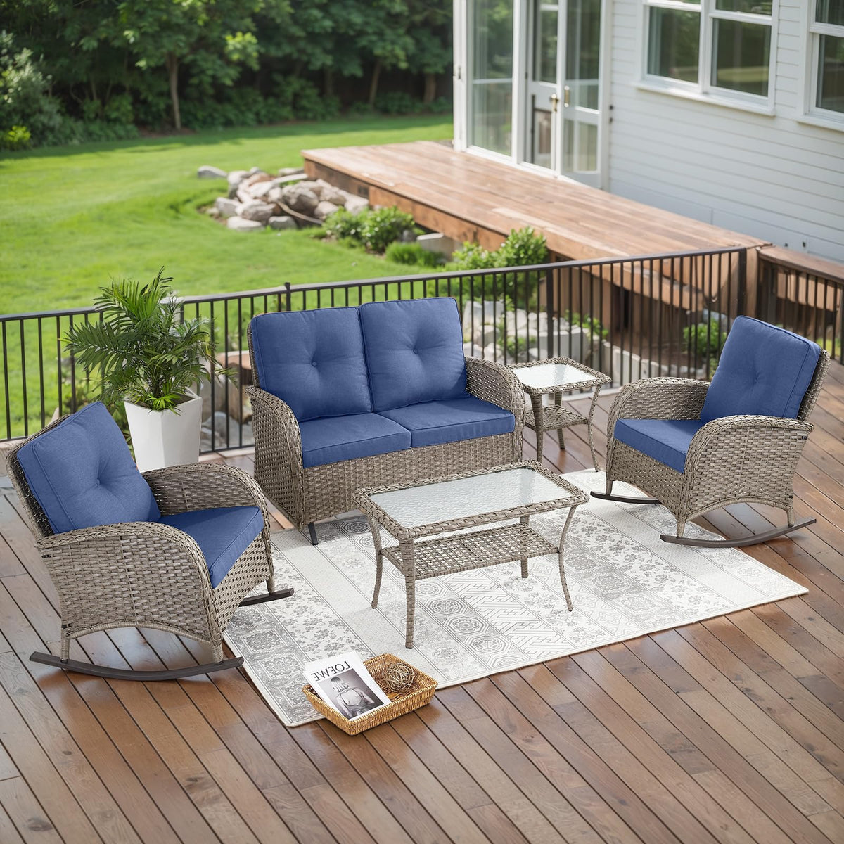 Belord Patio Rocking Chair Wicker Chair, 1 Piece Outdoor Rocking Chair Seating with Cushions for Porch Deck Balcony, Brown/Blue