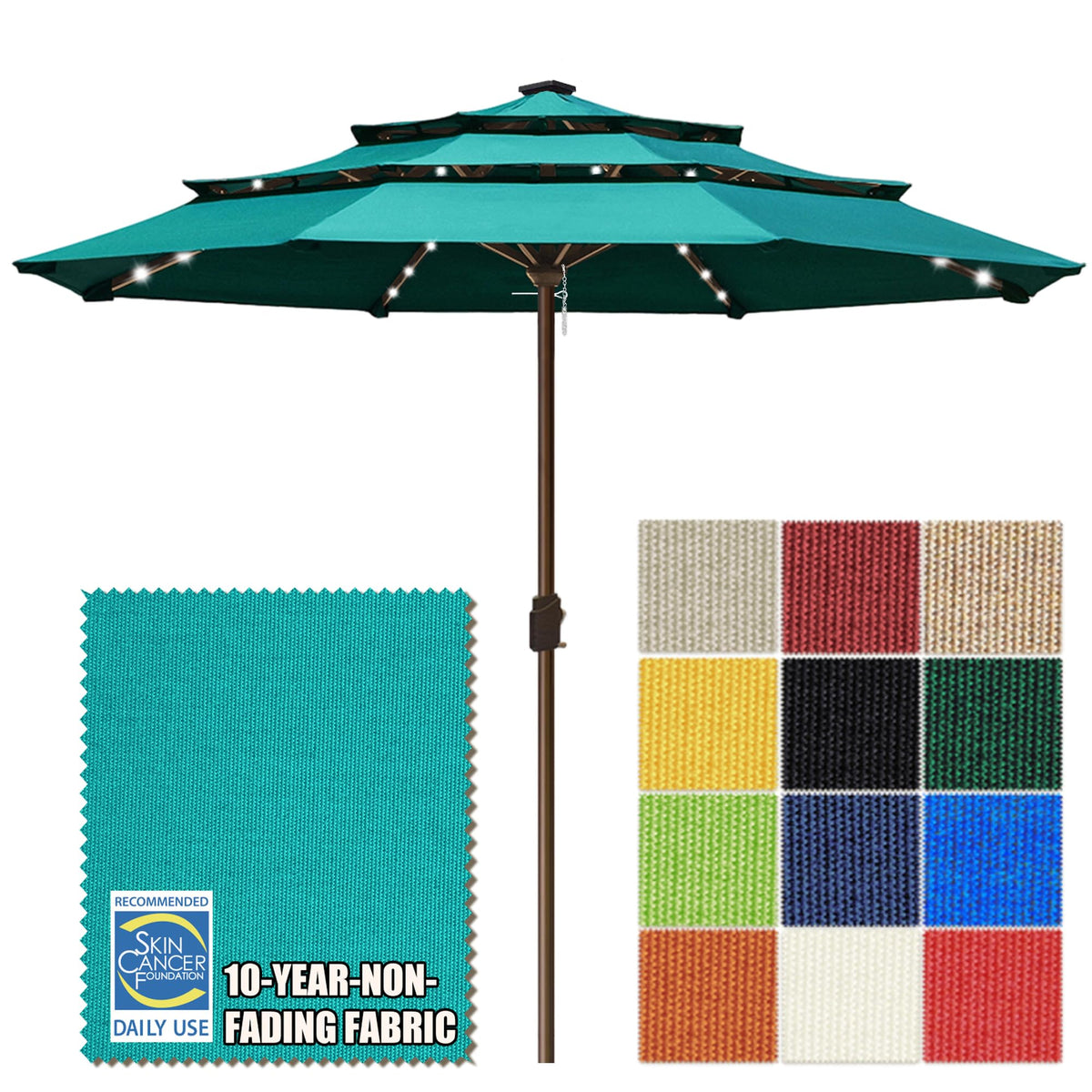 EliteShade USA 10-Year-Non-Fading 9ft 3-Tier Market Patio Umbrella, Commercial Table Umbrella with 80 Solar LED Lights, Crank Open, Windproof & UPF 50+ UV Protection for Garden, Deck, Pool, Backyard, Heather Beige
