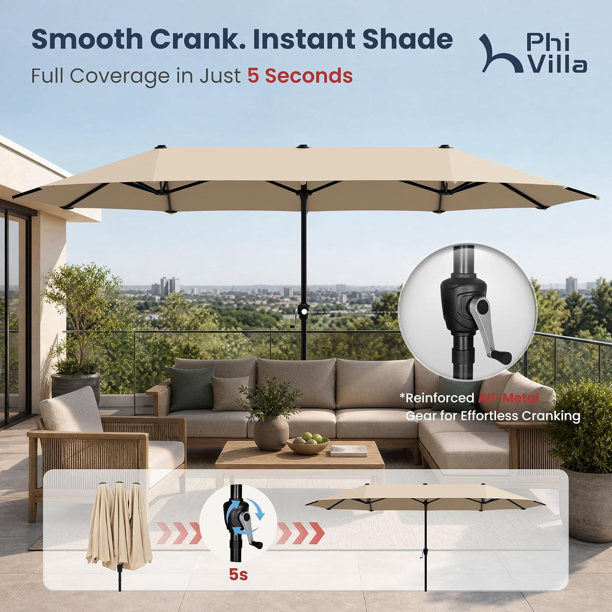 PHI VILLA 13ft Large Outdoor Patio Double-Sided Umbrella, Rectangle, Beige