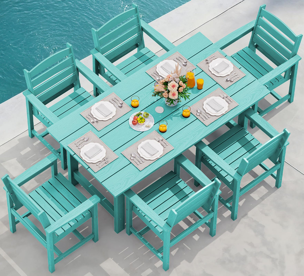 SERWALL 7 Pcs Outdoor Dining Set, 67" HDPE Dining Set for 6, Black