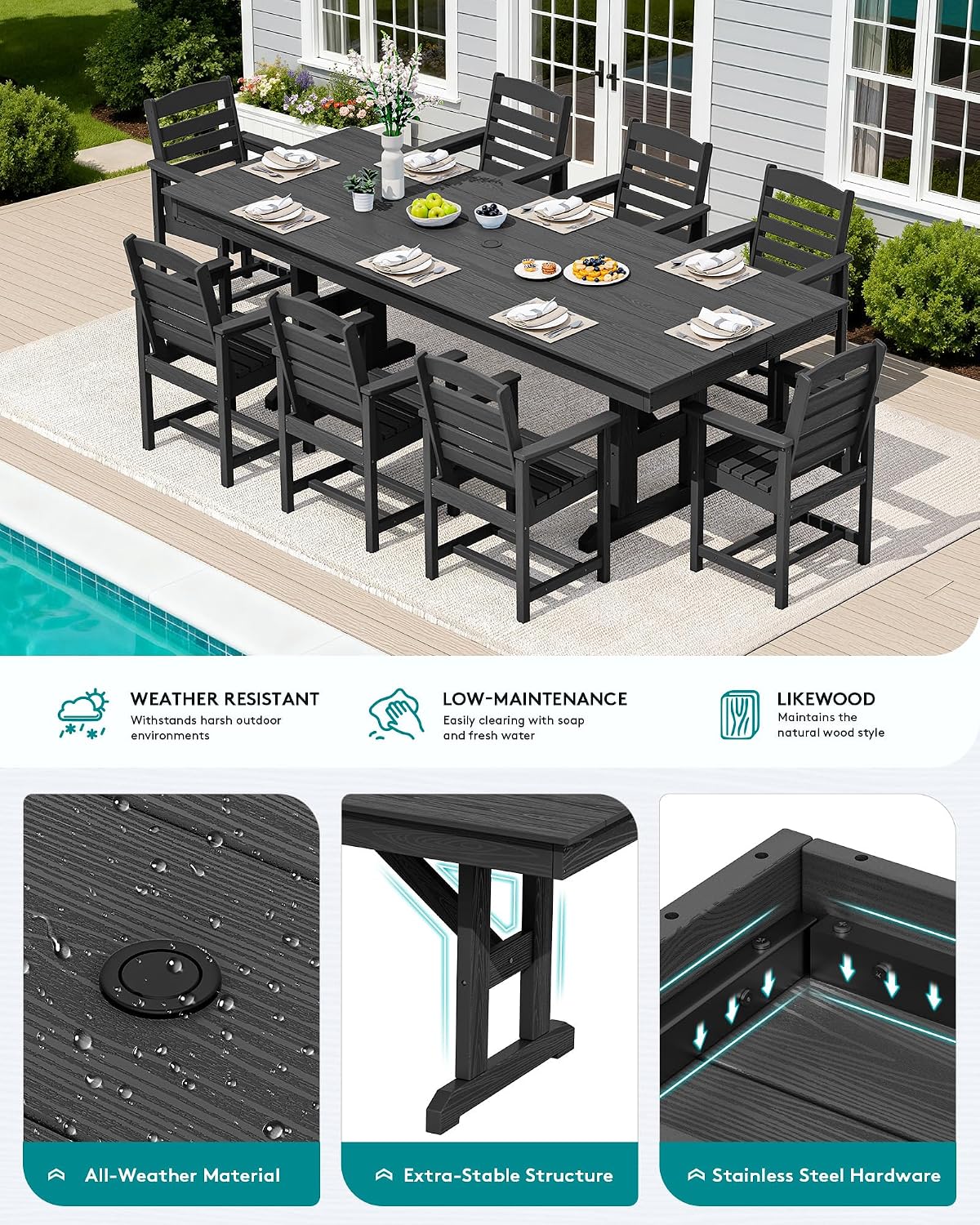 SERWALL Outdoor 84" HDPE Rectangular Dining Table for 6-8,All-Weather,Black