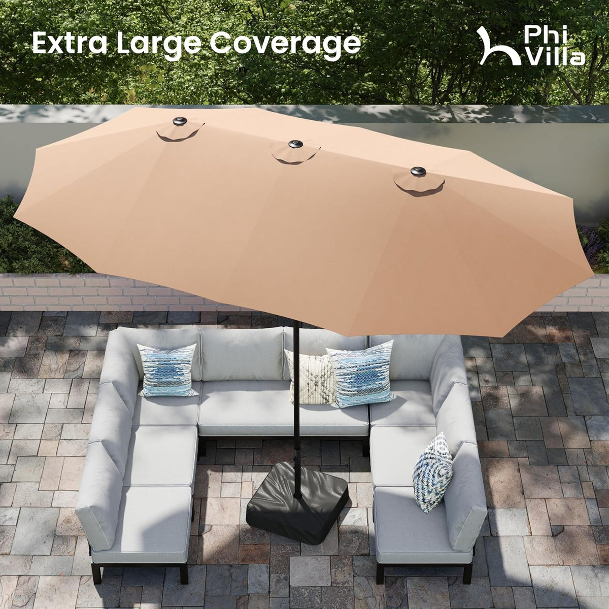 PHI VILLA 15ft Large Outdoor Patio Umbrella with Base Included, Beige