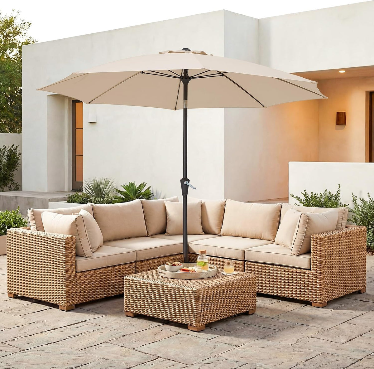 JEAREY 9FT Outdoor Patio Umbrella, Market Table Umbrella with 8 Fiberglass Ribs, Pool Umbrella with Tilt and Crank, UV Protection Lightweight & Wind-Resistant for Lawn, Garden, Deck and Backyard, Beige