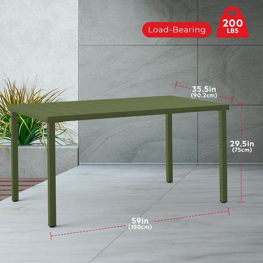 Costaelm Outdoor Dining Table for 6, Rectangular Metal Patio Table, 6-Person Weather Resistant Steel Slat Table for Lawn Garden Backyard, Olive Green