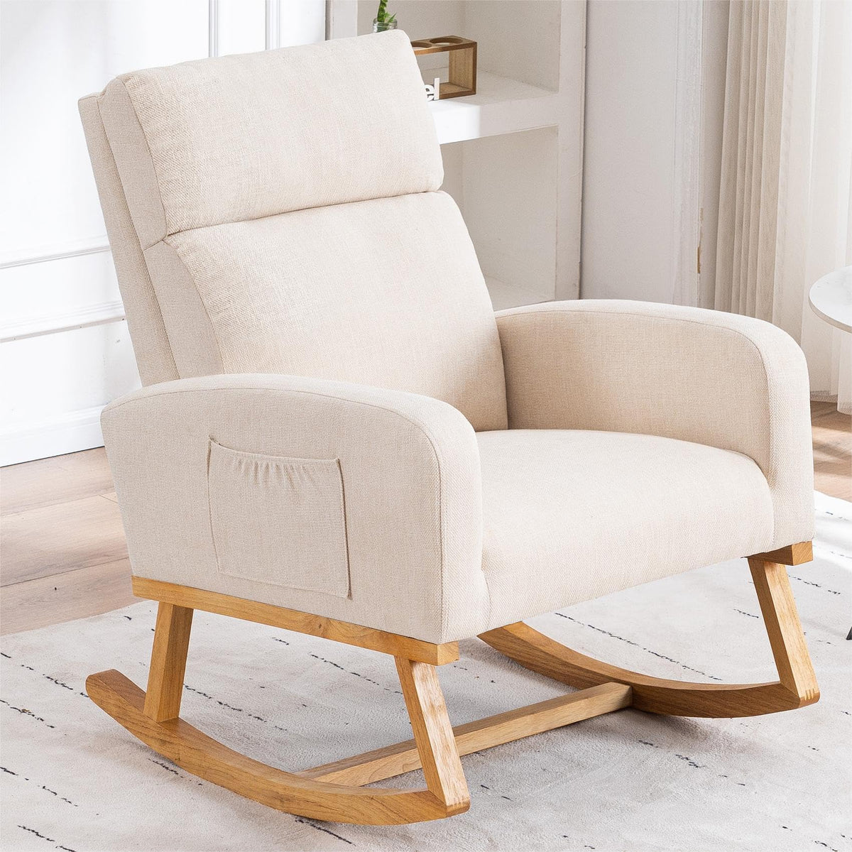 HCHAIRH Rocking Chair Nursery, Boucle Teddy Nursing Rocking Chairs, Upholstered Nursery Glider Rocker for Mom Nursery Morden Accent Rocking Chair with Side Pocket for Living Room,Bedroom, Light Green