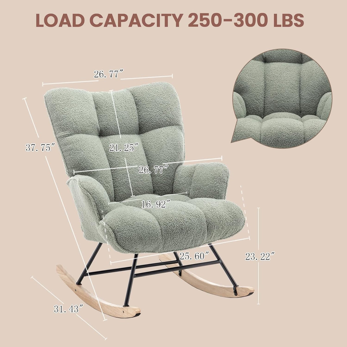 SAETSFEG Rocking Chair Nursery Teddy Upholstered Glider Rocker Rocking Accent Chair Padded Seat with High Backrest Armchair Comfy Side Chair for Living Room Bedroom Offices (Sage Green Teddy)