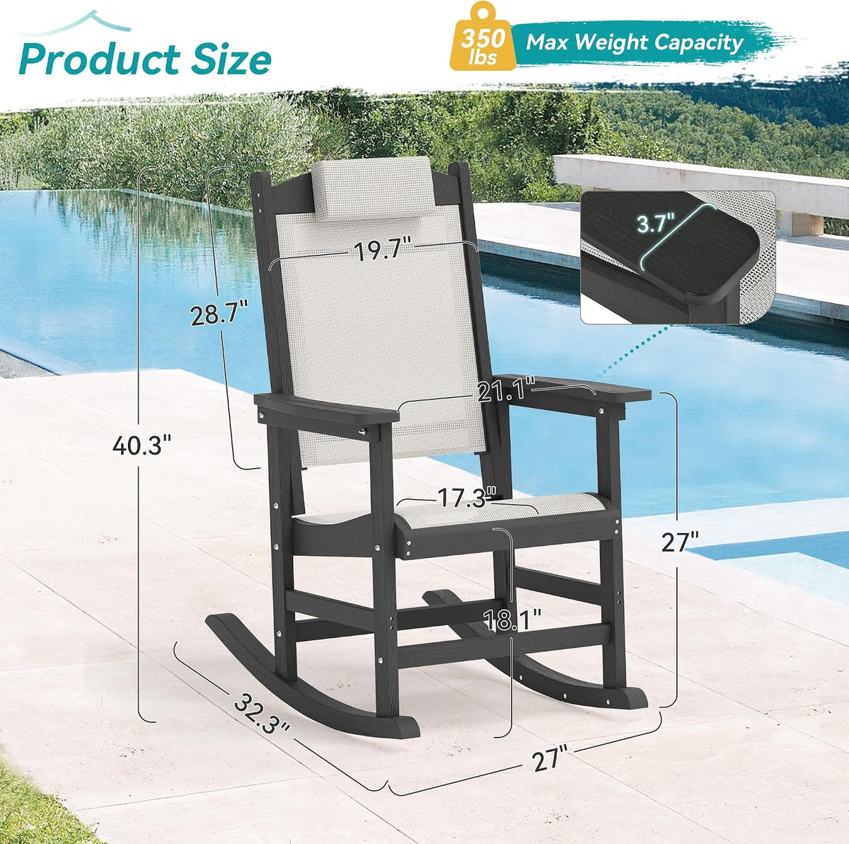 Outdoor Rocking Chair Set of 2 with Removable Headrest, HDPE All-Weather Rocker with Breathable Textilene, Patio Rocking Chairs for Adult, High Back Smooth for Porch, Garden, Lawn, Black