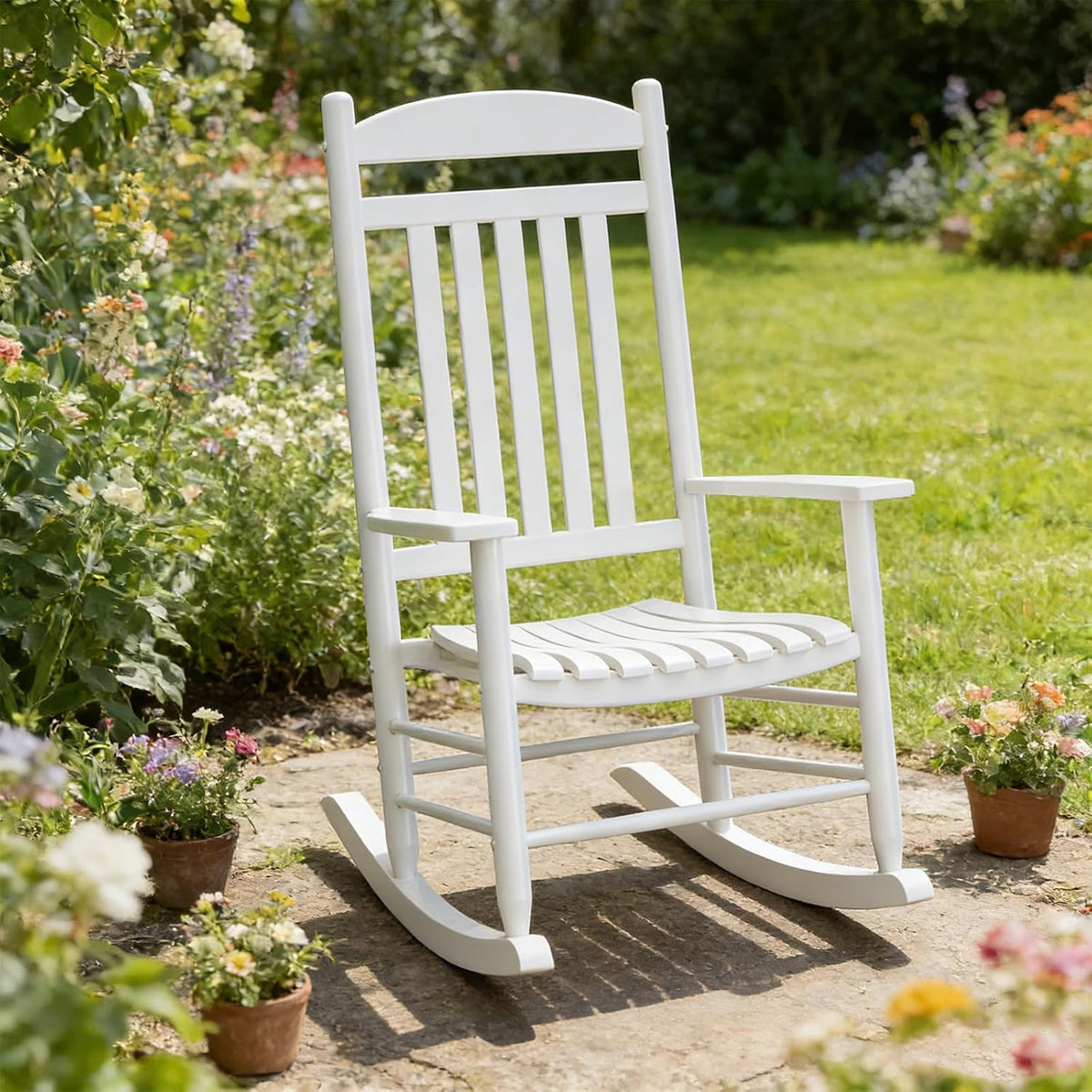 Wooden Outdoor Rocking Chair, Weatherproof Oversized Rocking Chair, Heavy Duty Comfort with 350 lbs Weight Capacity, Solid Relaxing Rocker with High Back for Patio, Porch, Living Room (white)