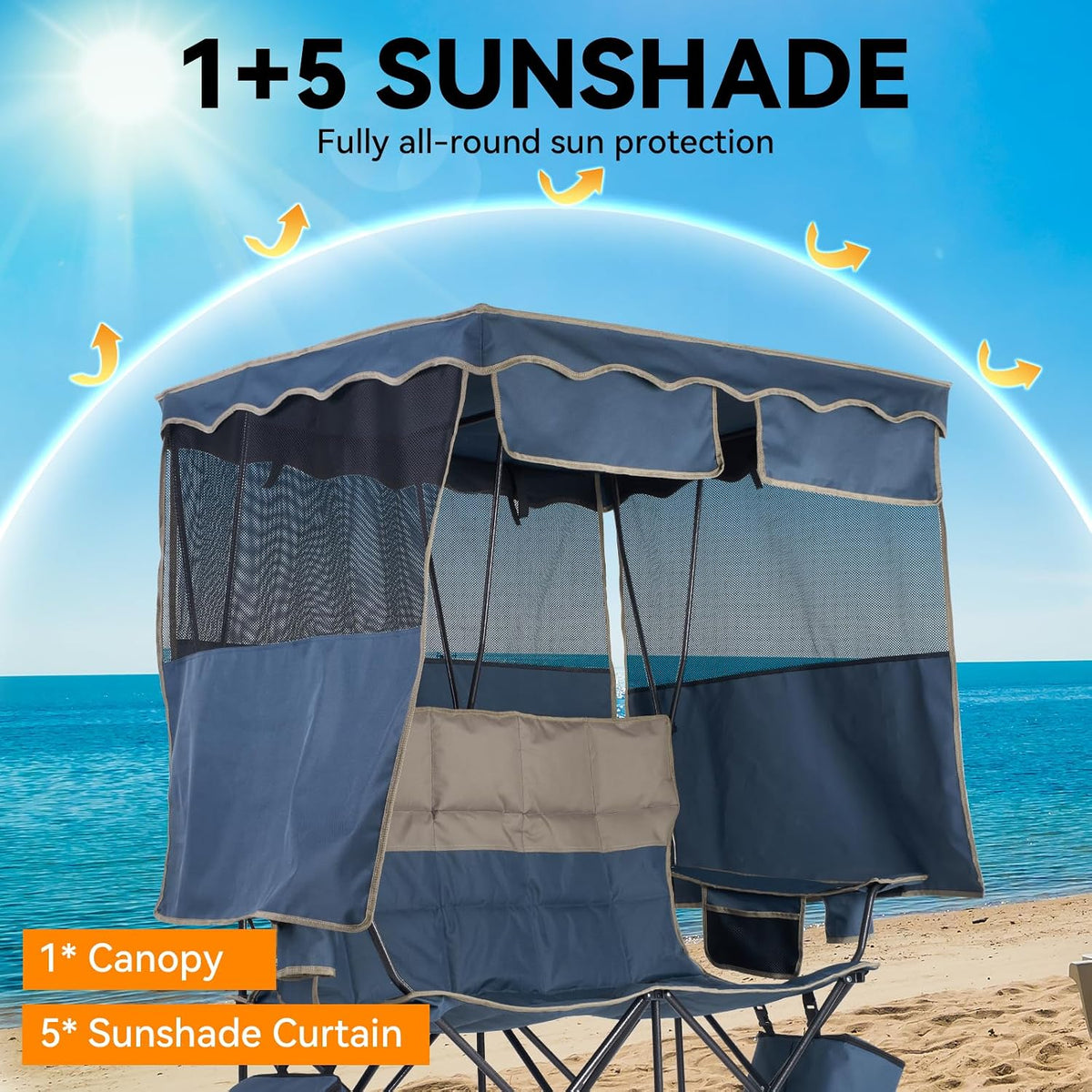Padded Double Camping Chair With Canopy,Folding Chair Support 450LBS, Blue