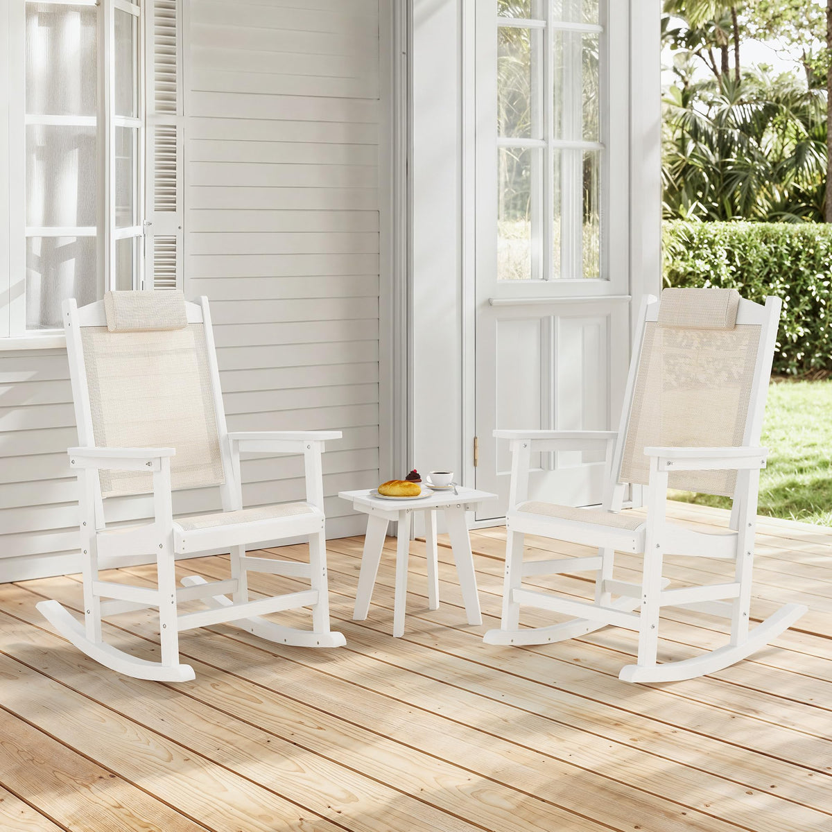 Outdoor Rocking Chair Set of 2 with Removable Headrest, HDPE All-Weather Rocker with Breathable Textilene, Patio Rocking Chairs for Adult, High Back Smooth for Porch, Garden, Lawn, Black