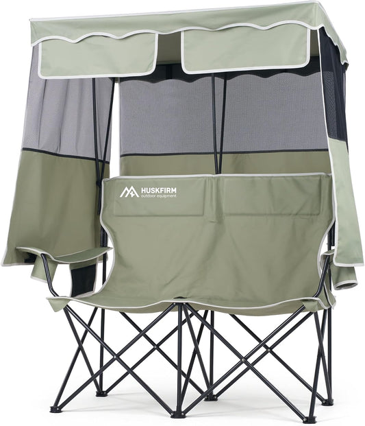 Double Camping Chair with Canopy,2 Person Folding Chair with Canopy, Green