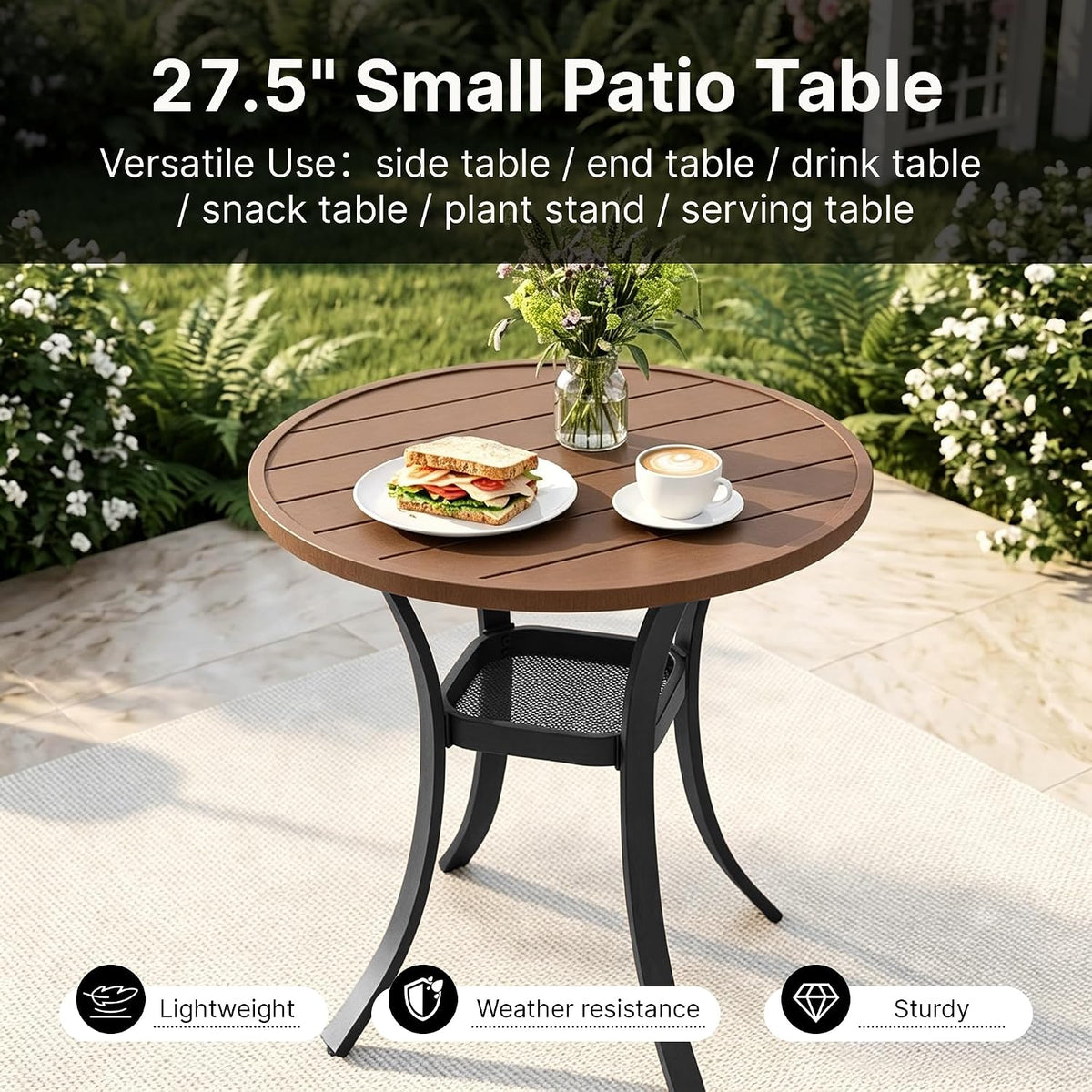Small Outdoor Dining Table, 27.5" Patio Round Coffee Table, Brown
