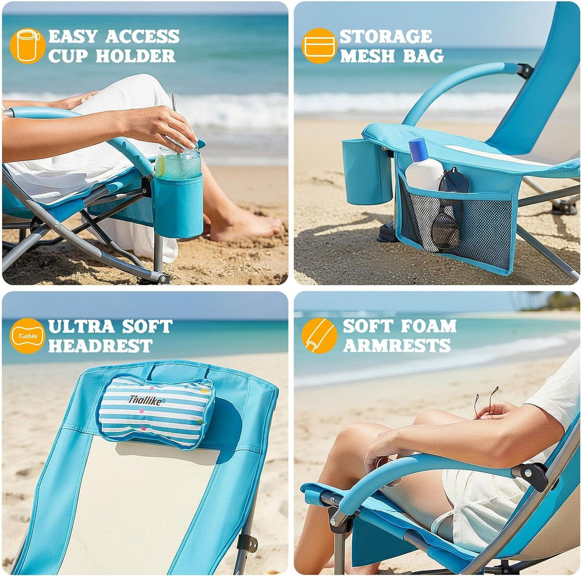 Low Beach Chair with Umbrella High Back Folding Camping Chair for Adults Breathable Mesh Seat and Back with Padded Headrest Cup Holder Storage Pocket Adjustable Tilt Sunshade Portable for Beach
