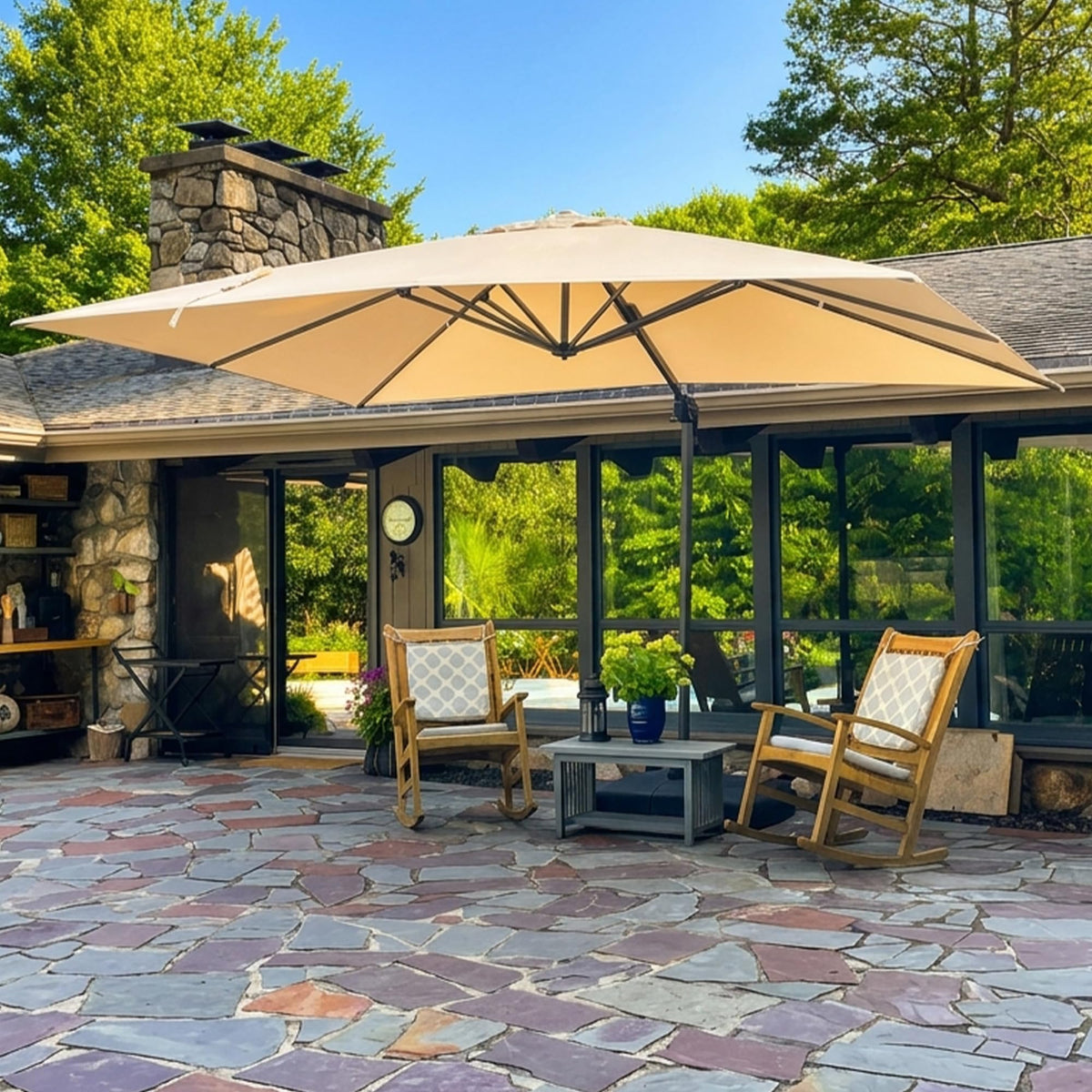 PURPLE LEAF Patio Umbrella with Base 9' x 11.5' 360° Rotation Control Beige