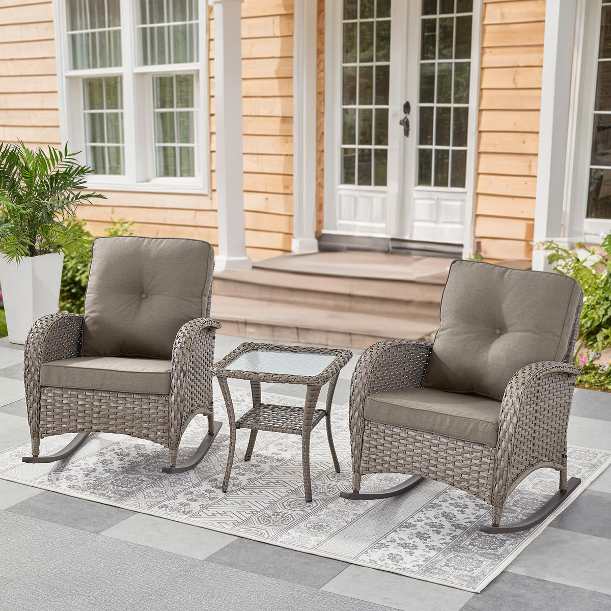 Belord Patio Rocking Chair Wicker Chair, 1 Piece Outdoor Rocking Chair Seating with Cushions for Porch Deck Balcony, Brown/Blue