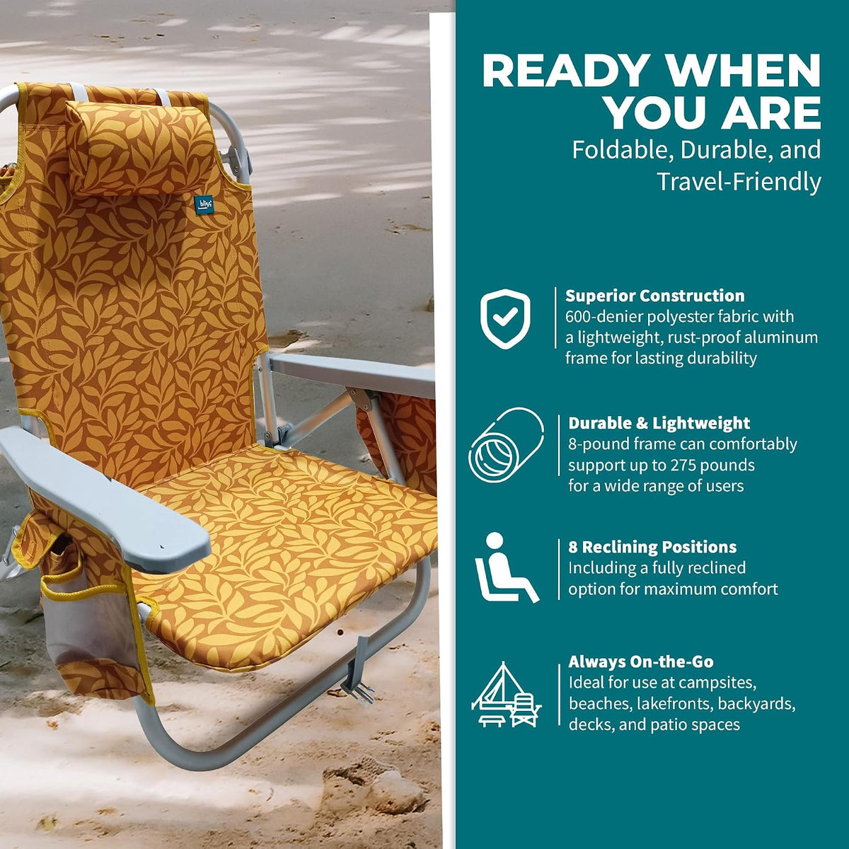 Bliss Hammocks Folding Backpack Beach Chair Recliner, Amber Leaf
