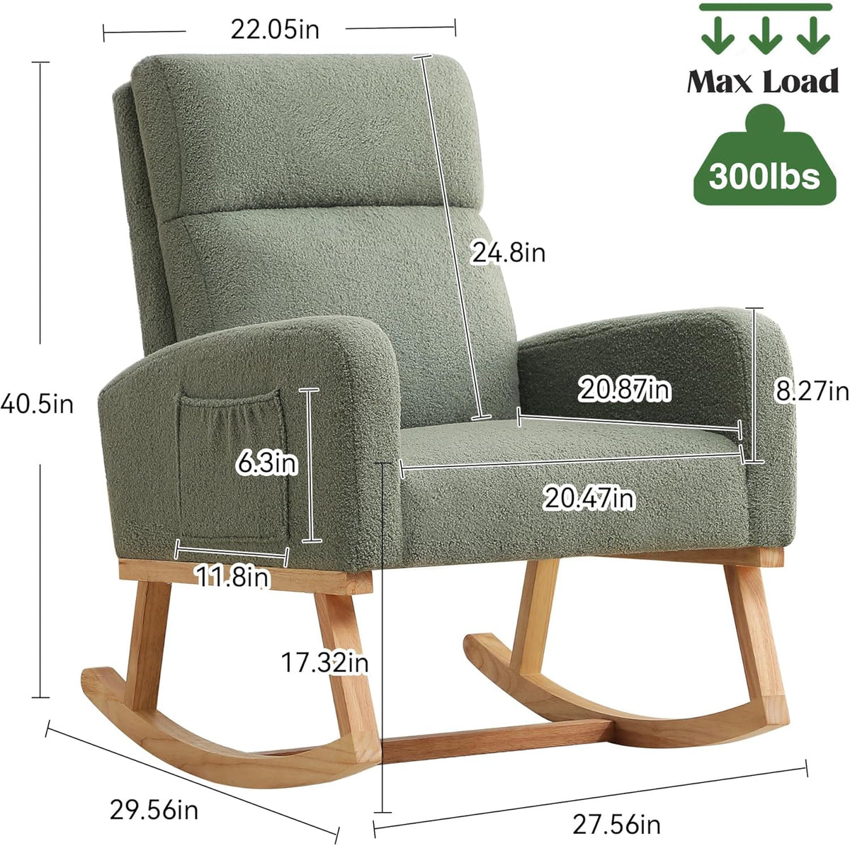 HCHAIRH Rocking Chair Nursery, Boucle Teddy Nursing Rocking Chairs, Upholstered Nursery Glider Rocker for Mom Nursery Morden Accent Rocking Chair with Side Pocket for Living Room,Bedroom, Light Green