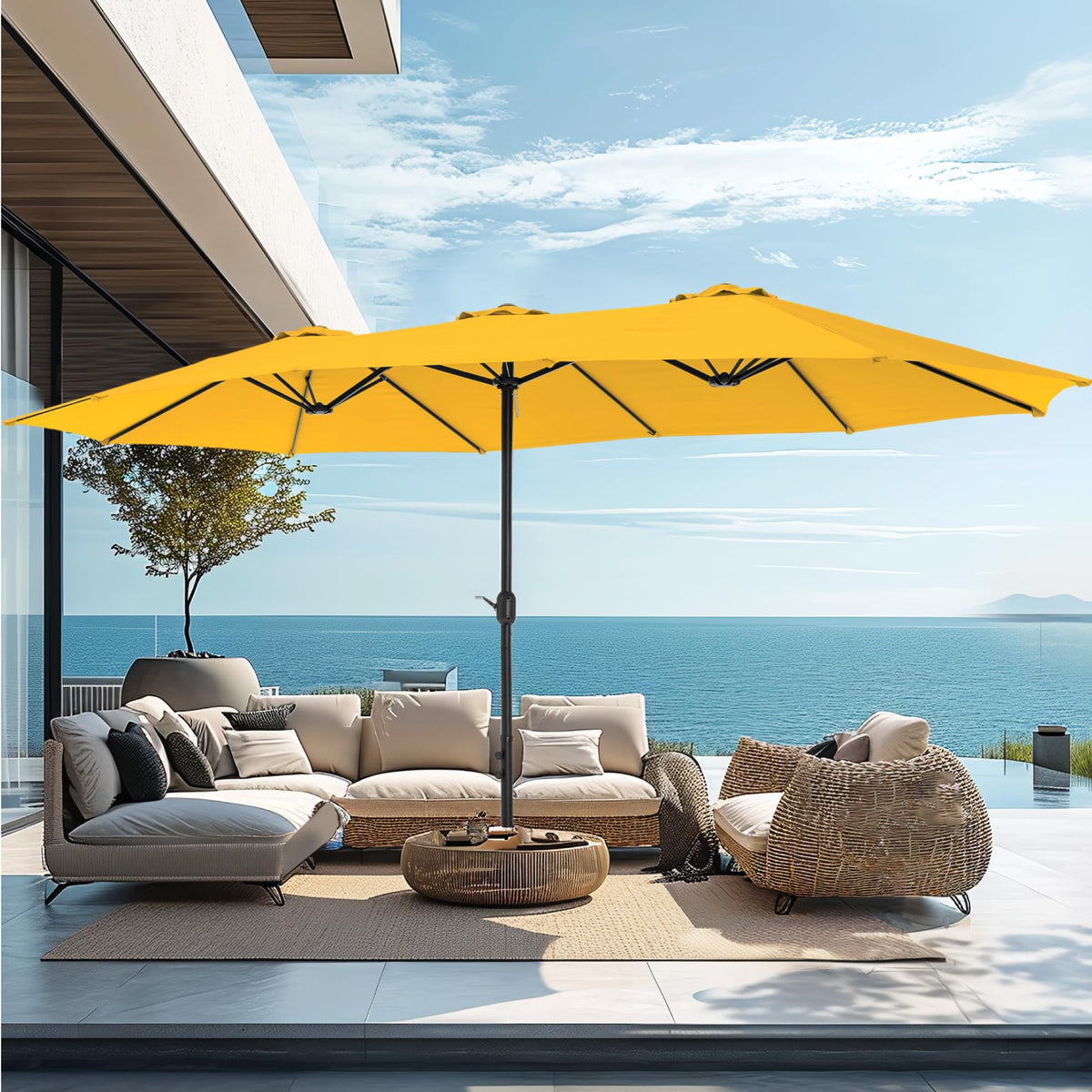 PHI VILLA 15ft Large Outdoor Patio Umbrella with Base Included, Beige