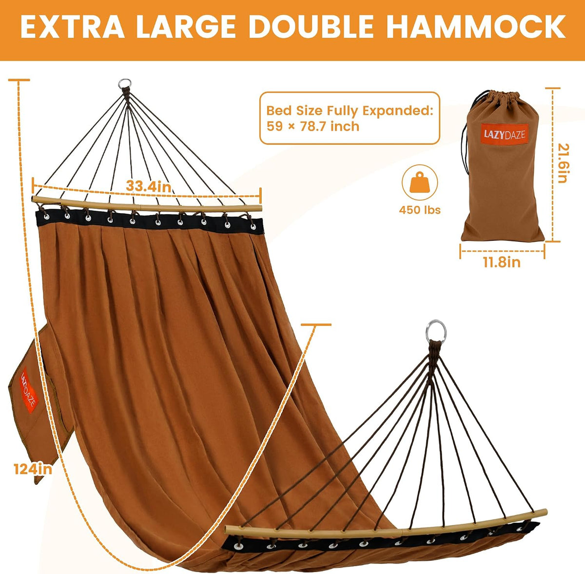 Lazy Daze Camping Hammock, Double Outdoor Hammock with Curved Spreader Bar