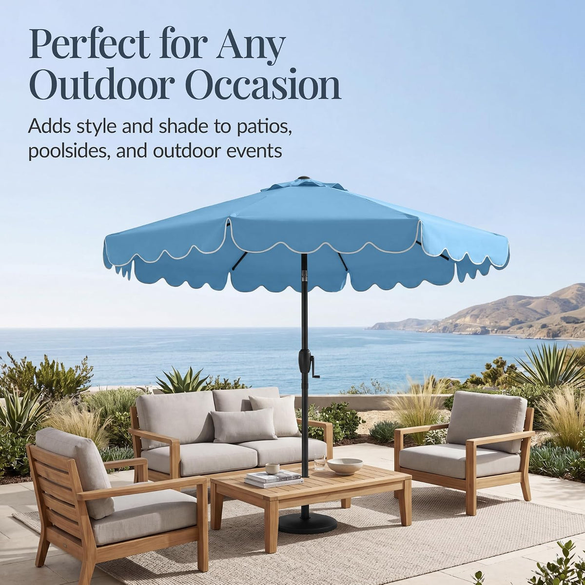 Best Choice Products 9ft Patio Market Umbrella with Scallop Trim, UV-Fade-Resistant 210g Canopy, Crank & Tilt, Wind Vent, Heavy-Duty Frame - Sky Blue