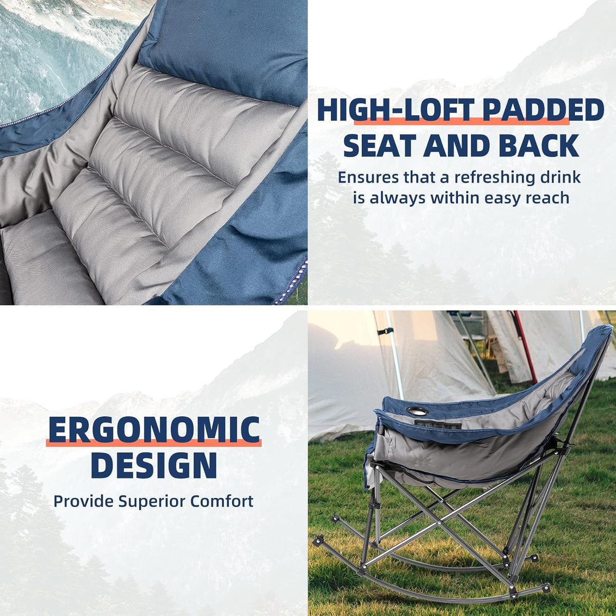 Oversized Rocking Camping Chair for Adults - 400lbs Capacity Padded Camp Chair with Cup Holder, Portable Foldable Outdoor Rocker Chair for Camping, Backyard, Patio (Blue & Gray)