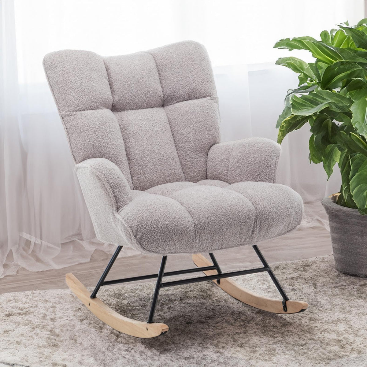 SAETSFEG Rocking Chair Nursery Teddy Upholstered Glider Rocker Rocking Accent Chair Padded Seat with High Backrest Armchair Comfy Side Chair for Living Room Bedroom Offices (Ivory Teddy)