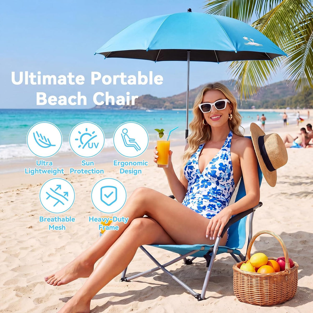 Folding Beach Chair for Adults with UPF 50+ Umbrella, Lightweight Low Beach Chair with Mesh Back, Portable Camping Chair with Carry Bag for Outdoor Beach Lawn Camping, 300lbs Capacity(Blue)