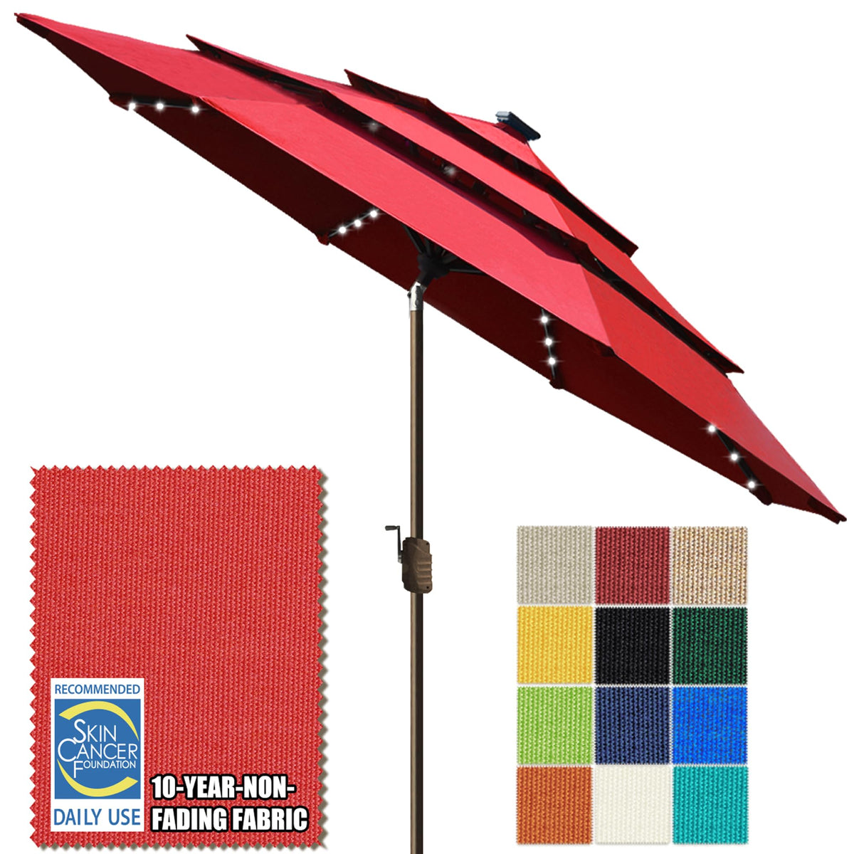 EliteShade USA 10-Year-Non-Fading 9ft 3-Tier Market Patio Umbrella, Commercial Table Umbrella with 80 Solar LED Lights, Crank Open, Windproof & UPF 50+ UV Protection for Garden, Deck, Pool, Backyard, Heather Beige