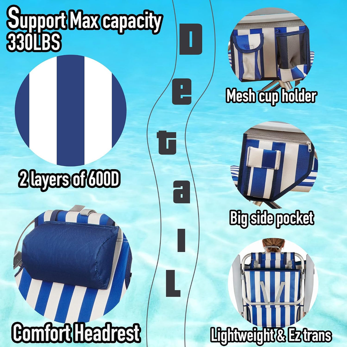 Aluminum Backpack Low Profile Beach Chair - 5-Position Lay Flat Reclining Folding Chair with Removable Cooler Bag - Heavy Duty 330 lbs Capacity, Lightweight Portable Sand Seat(1, Stripe Blue)