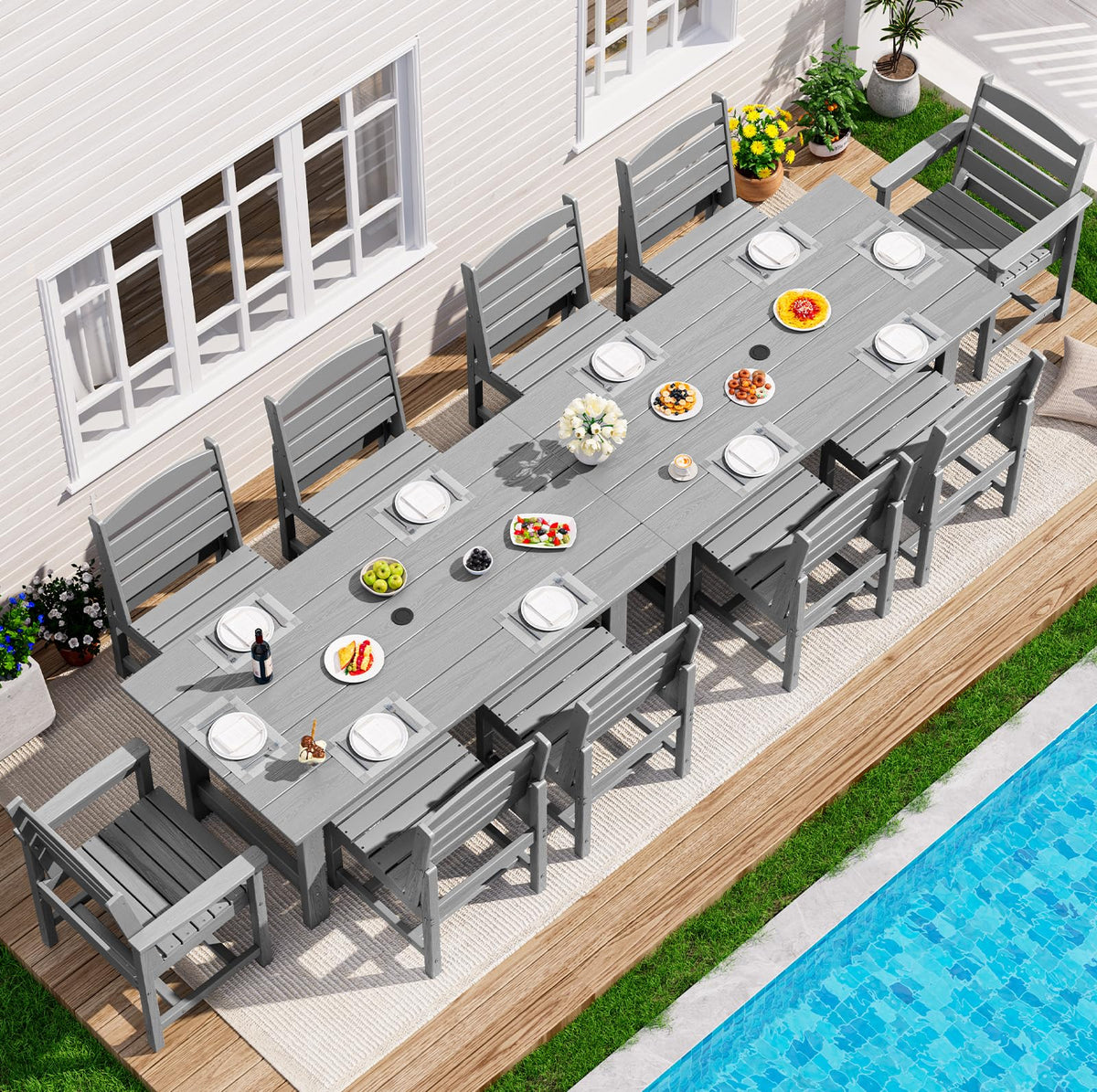 SERWALL 7 Pcs Outdoor Dining Set, 67" HDPE Dining Set for 6, Black