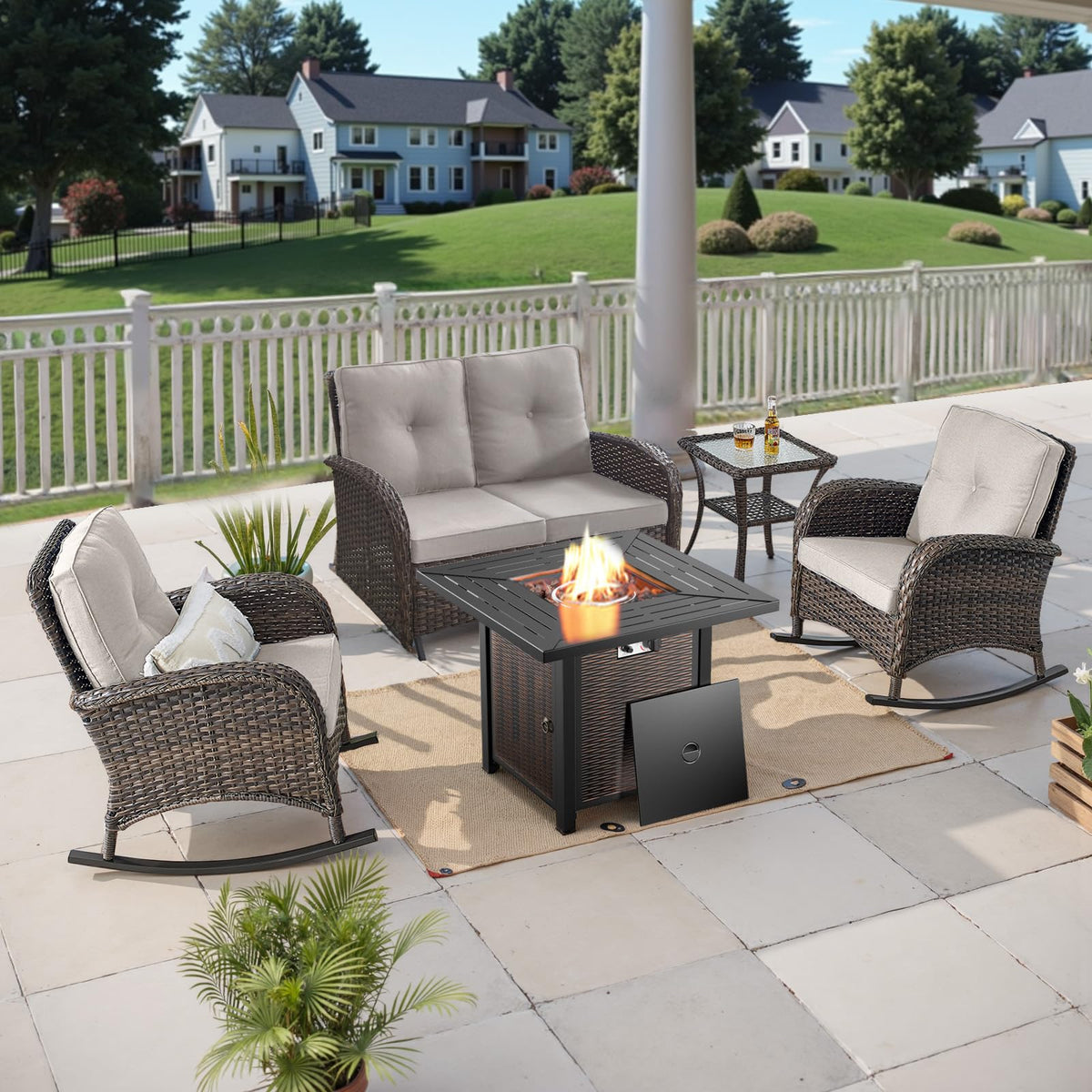 Belord Patio Rocking Chair Wicker Chair, 1 Piece Outdoor Rocking Chair Seating with Cushions for Porch Deck Balcony, Brown/Blue
