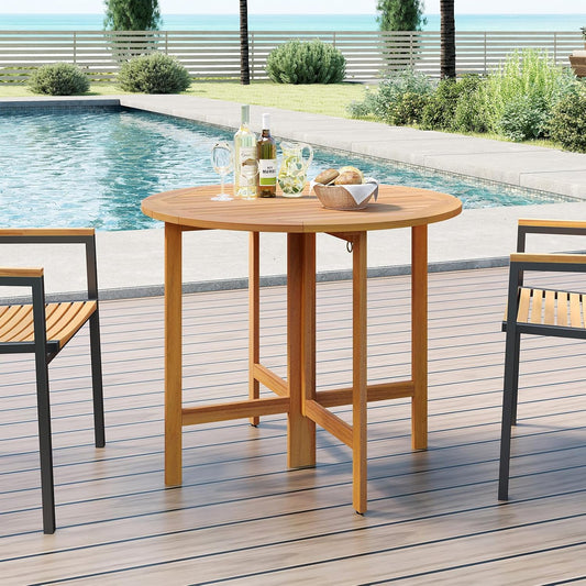 Tangkula 36 Inches Outdoor Folding Round Dining Table, No Assembly Patio Acacia Wood Bistro Table with Slatted Tabletop, 4-Person Outside Dining Furniture for Backyard, Porch, Balcony