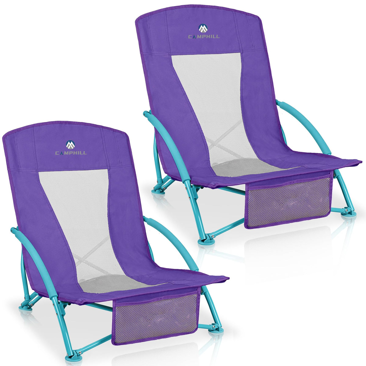 Beach Chairs for Adults 2 Pack,Heavy Duty Folding Low Back Camping Chairs w/Cooler Bag,Mesh Back,Cup Holder & Storage Bag,Compact Sling Chair for Lawn,Picnic,Travel,Orange Strip